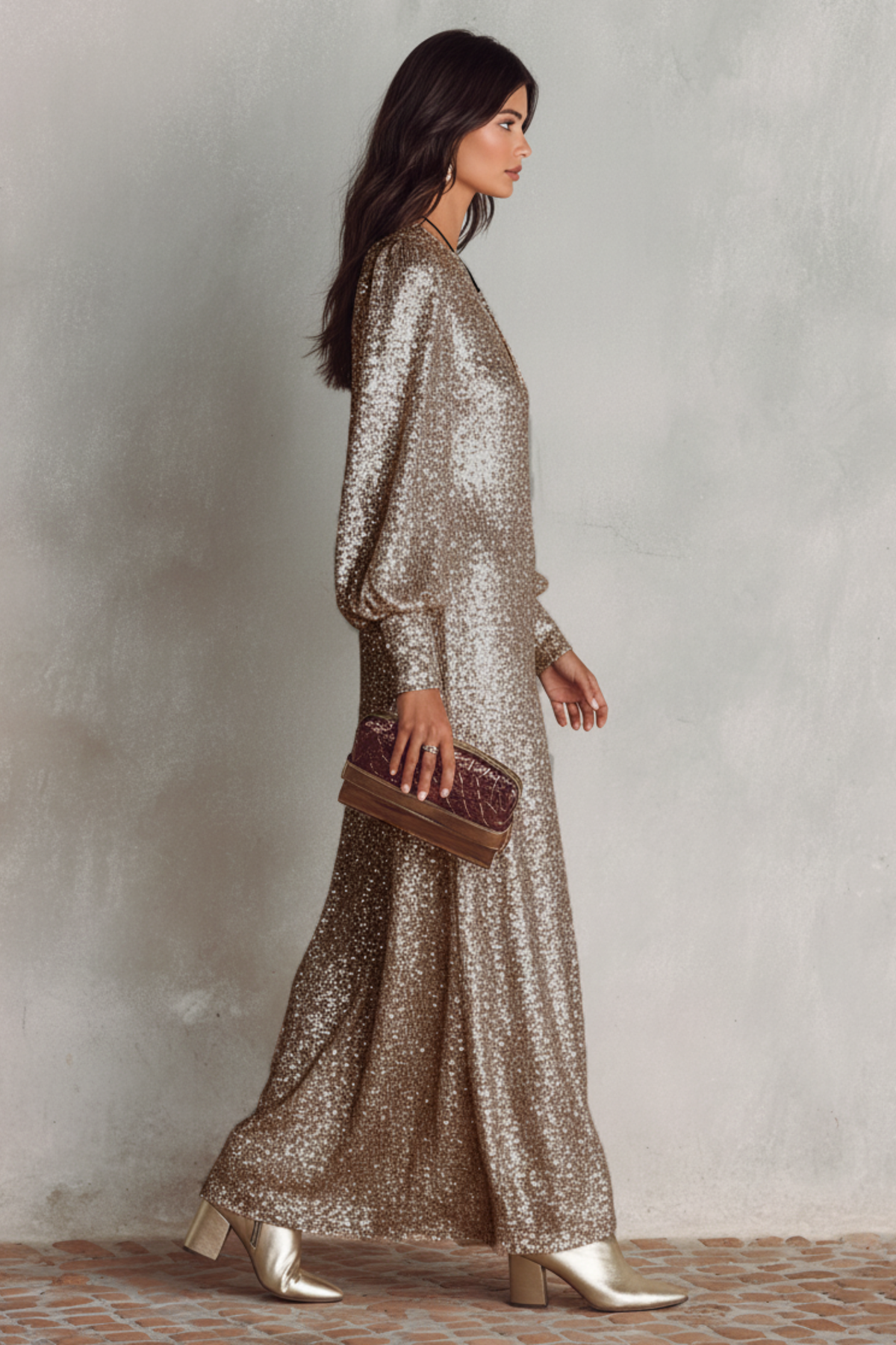 Shimmering V Neck Maxi Party Dress