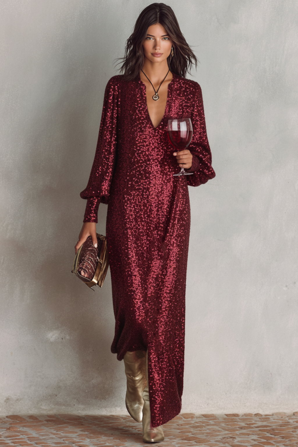 Shimmering V Neck Maxi Party Dress