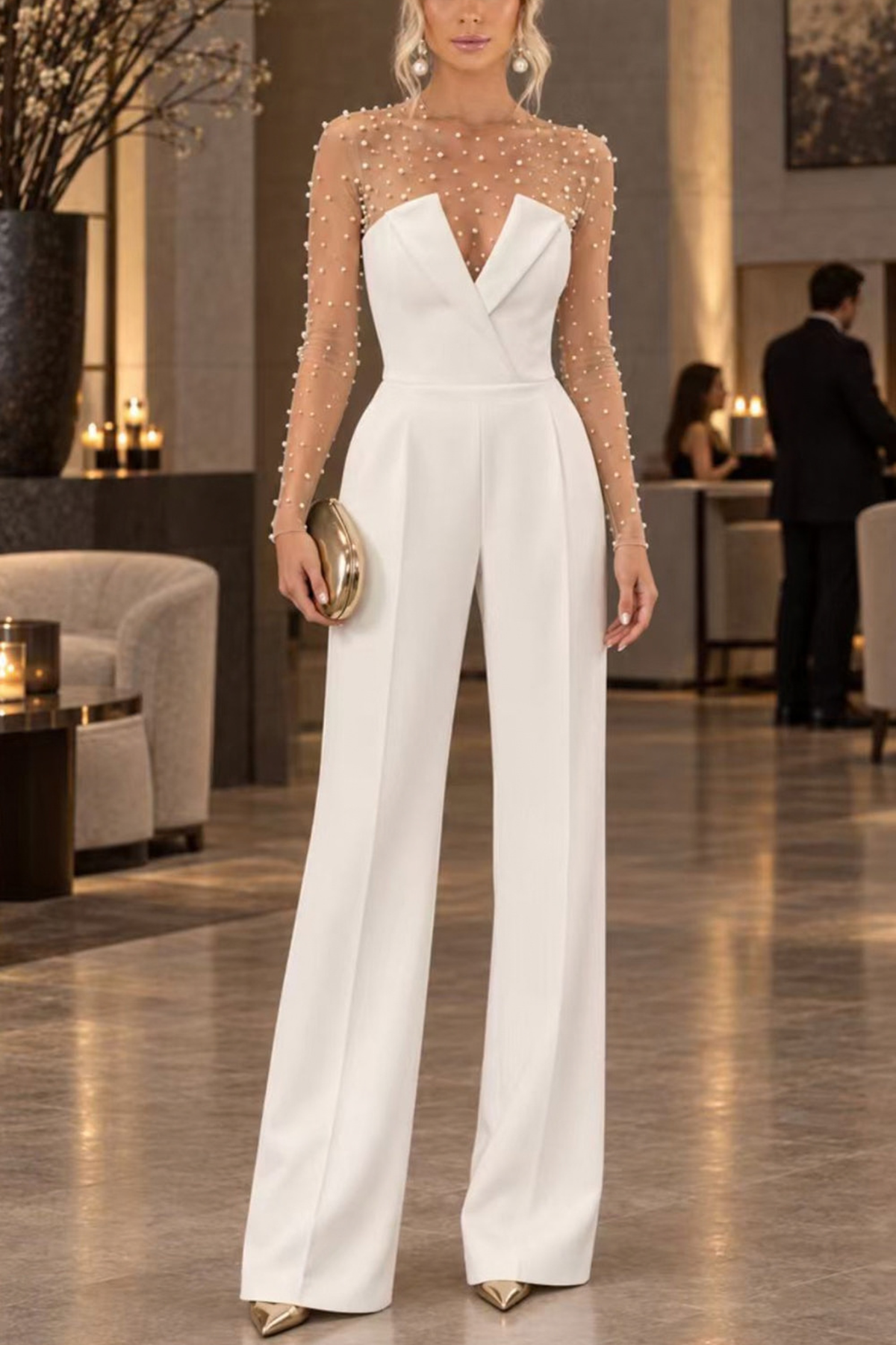 Strapless V-Neck Wide Leg Jumpsuit