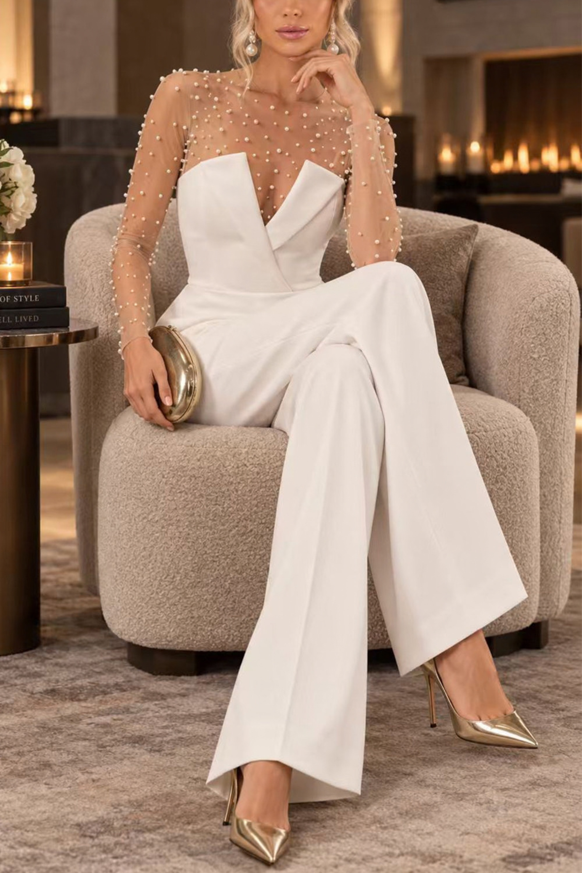 Strapless V-Neck Wide Leg Jumpsuit