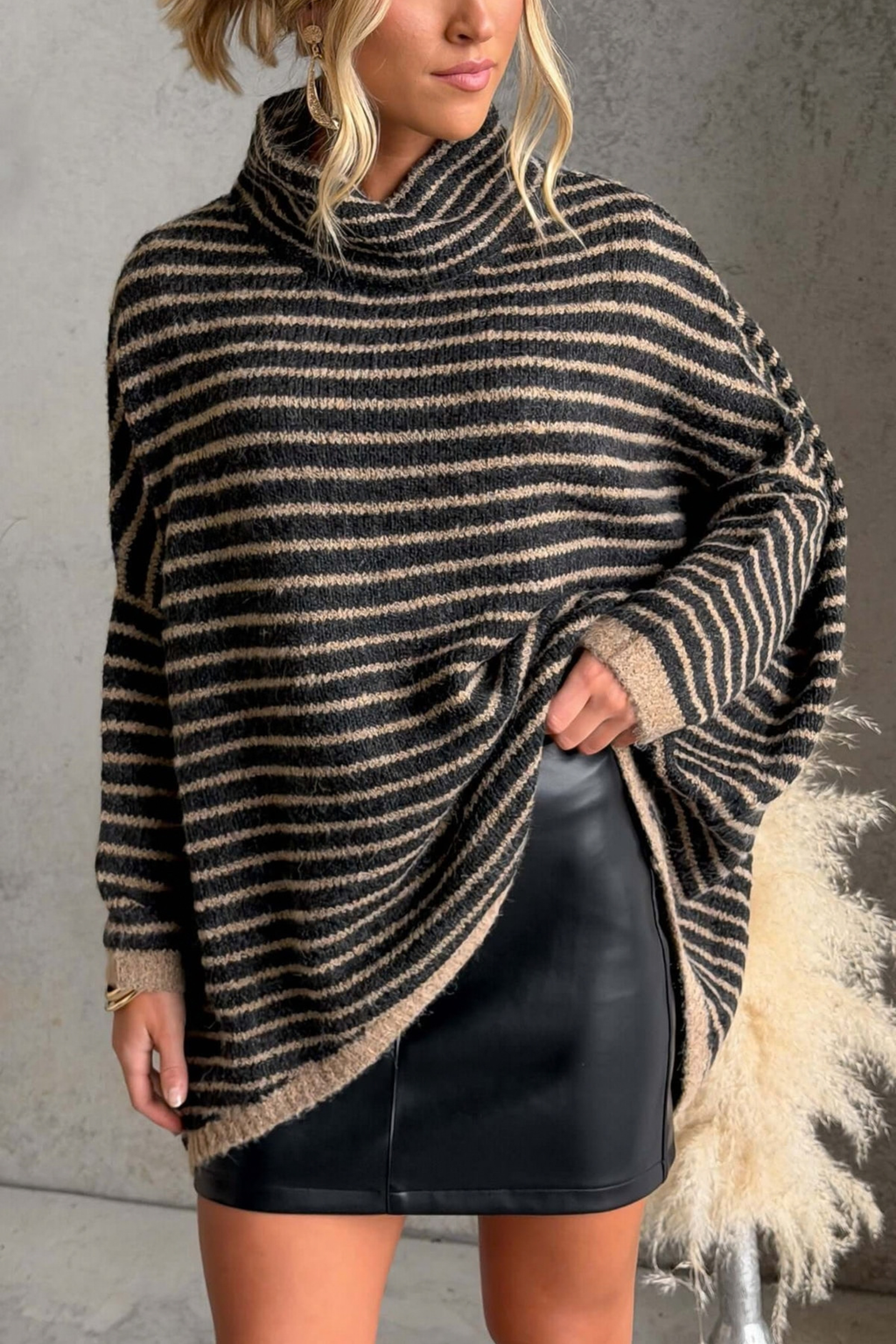 Striped Pocketed Thigh Length Tunic Sweater