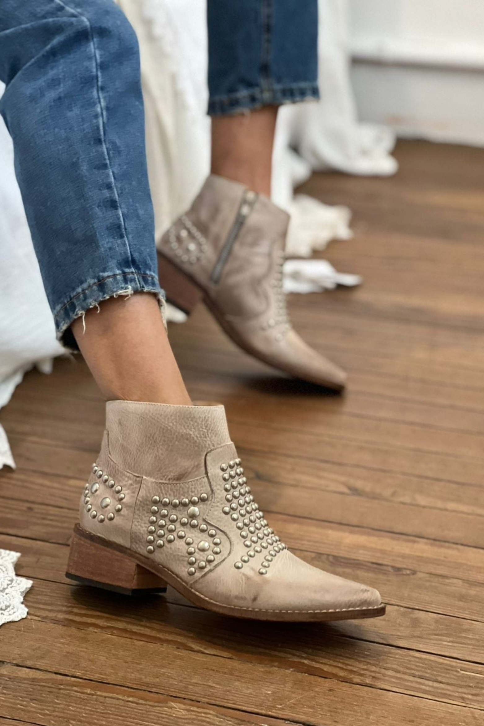 Studded Suede Block Heel Ankle Boots