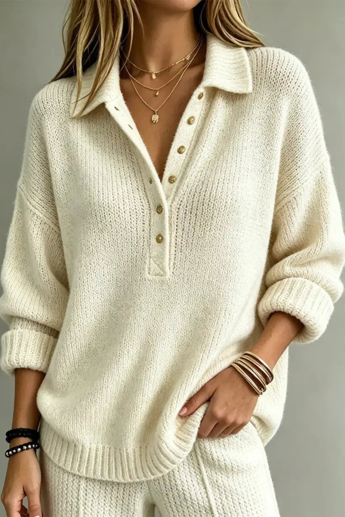 Textured Button Neck Polo Sweater