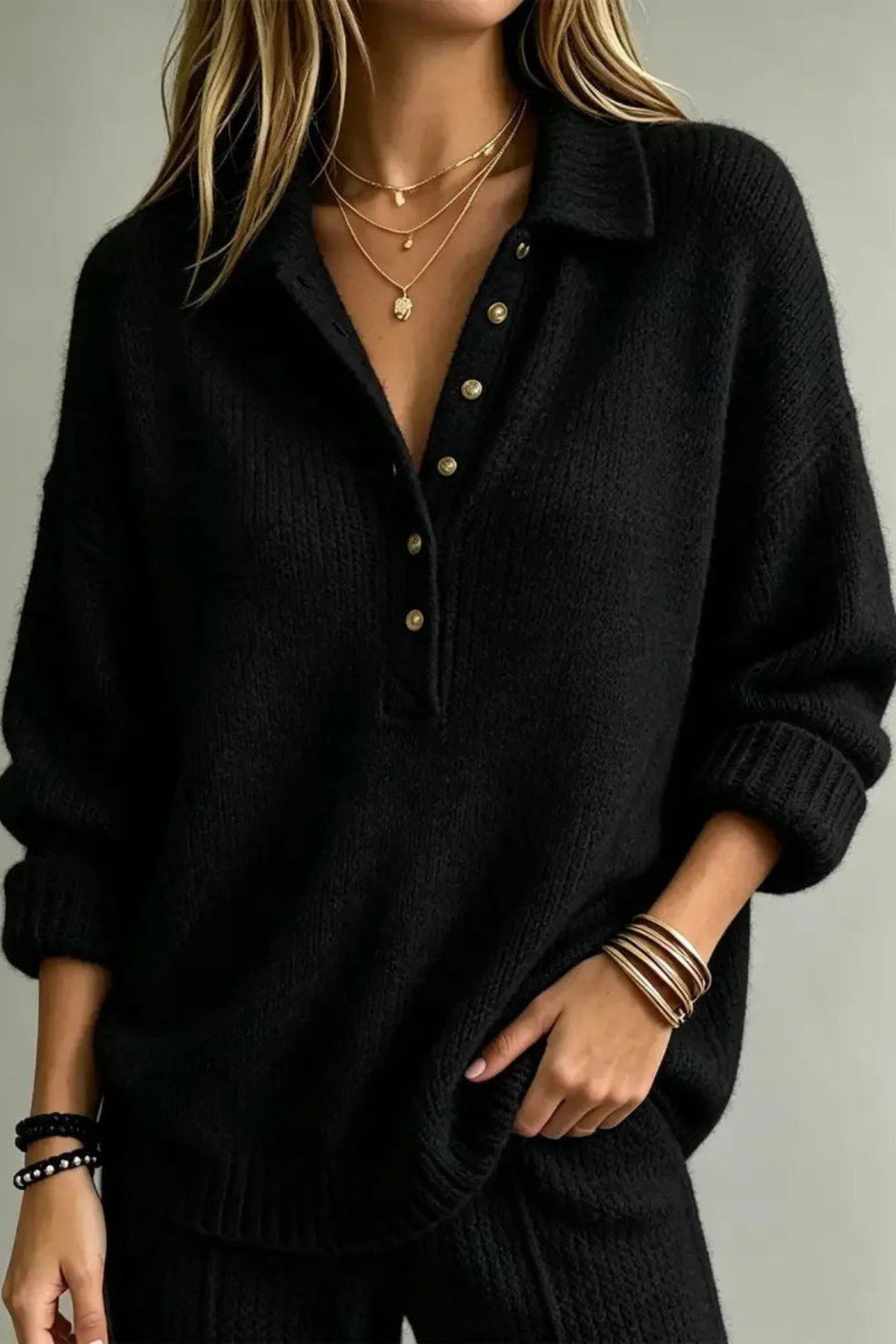 Textured Button Neck Polo Sweater