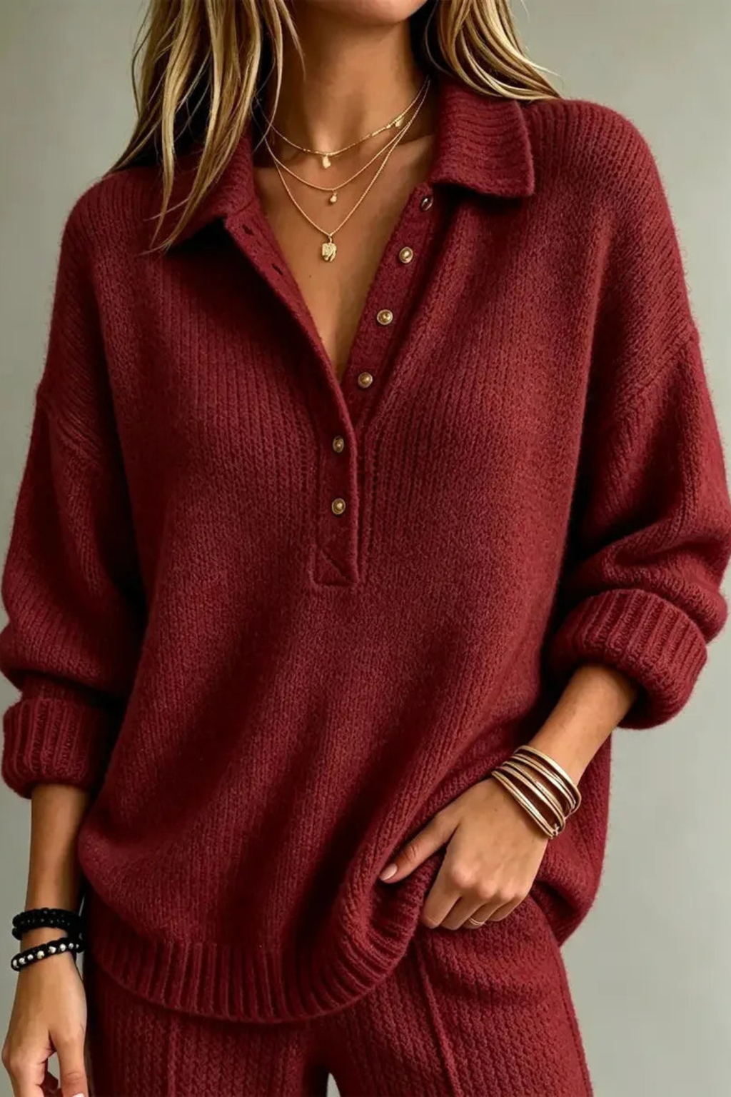 Textured Button Neck Polo Sweater