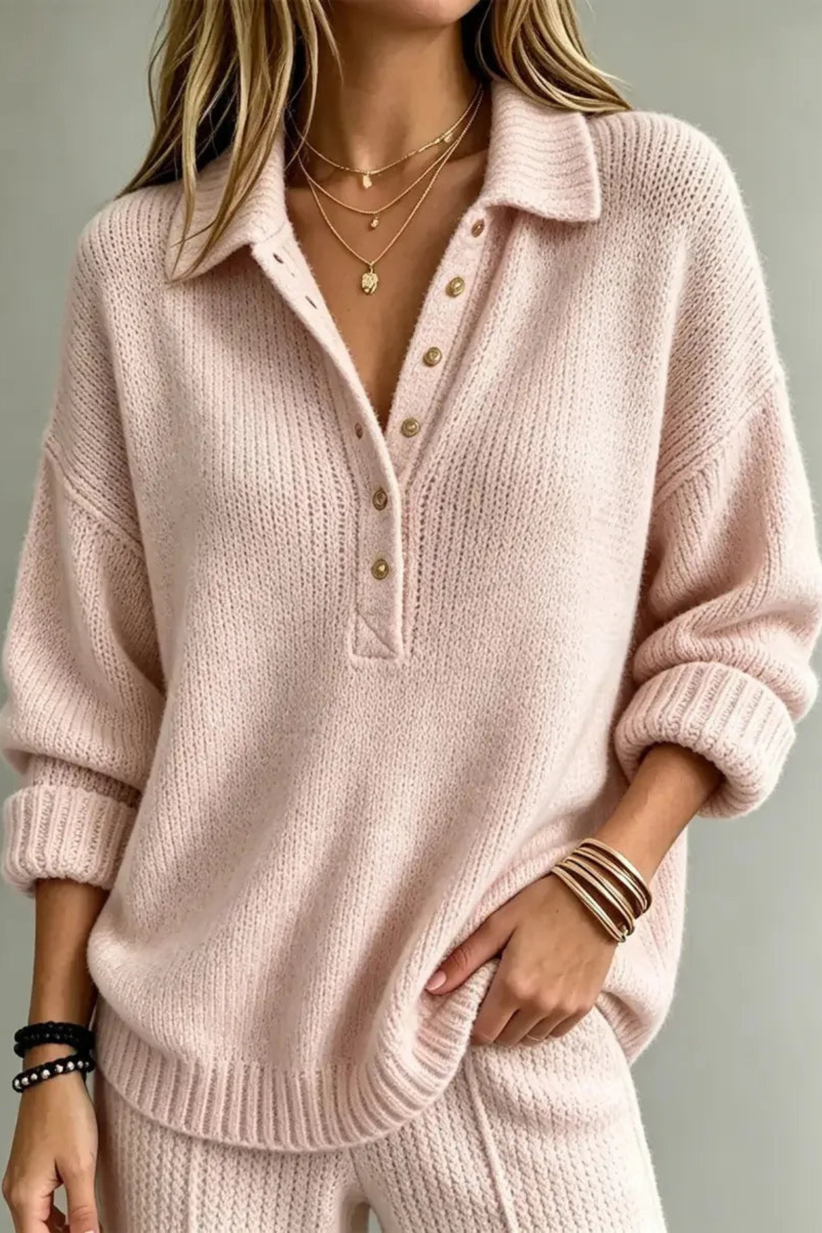 Textured Button Neck Polo Sweater