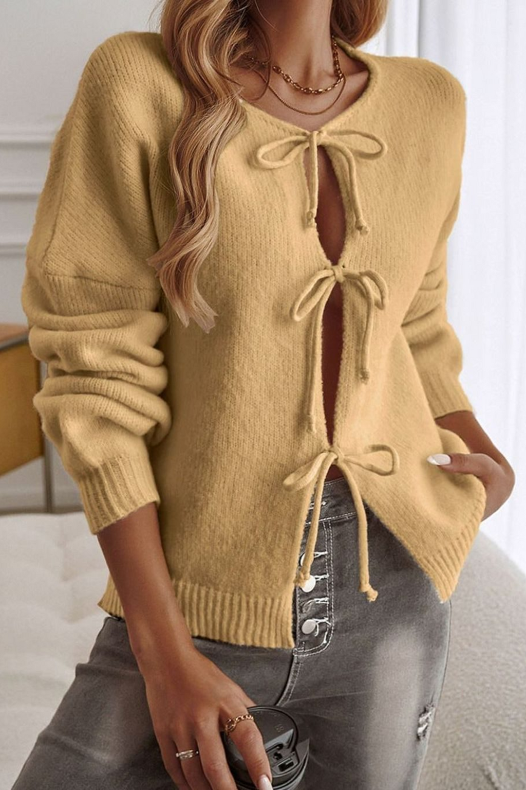 Tie Front Long Sleeve Knit Cardigan