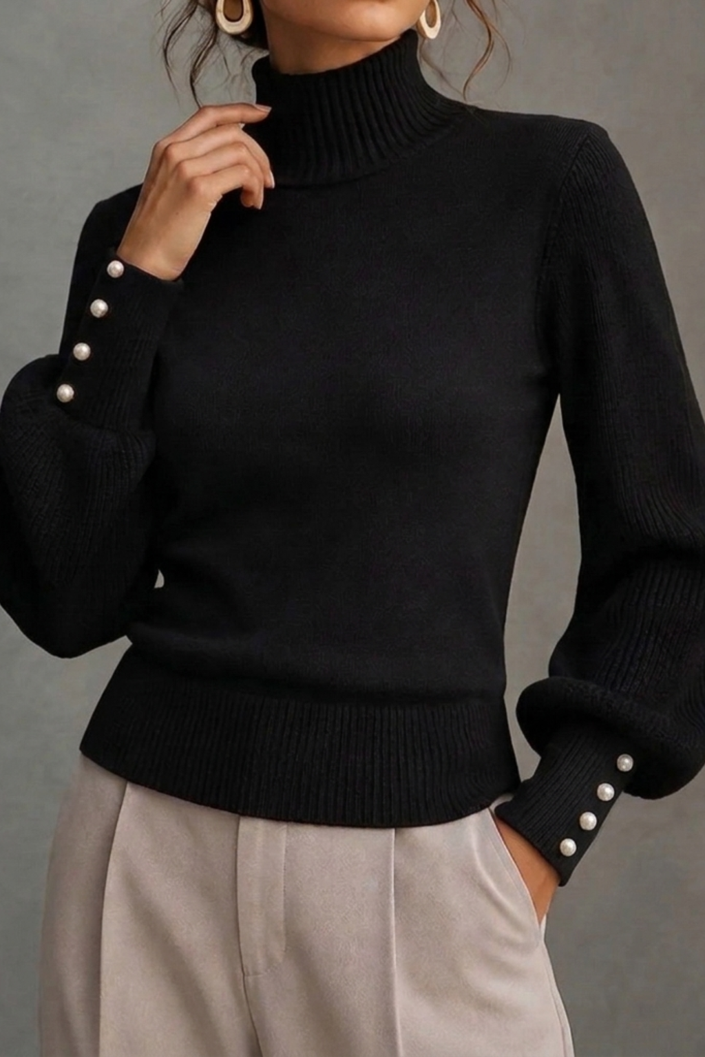 Turtleneck Balloon Sleeve Pearl Button Sweater