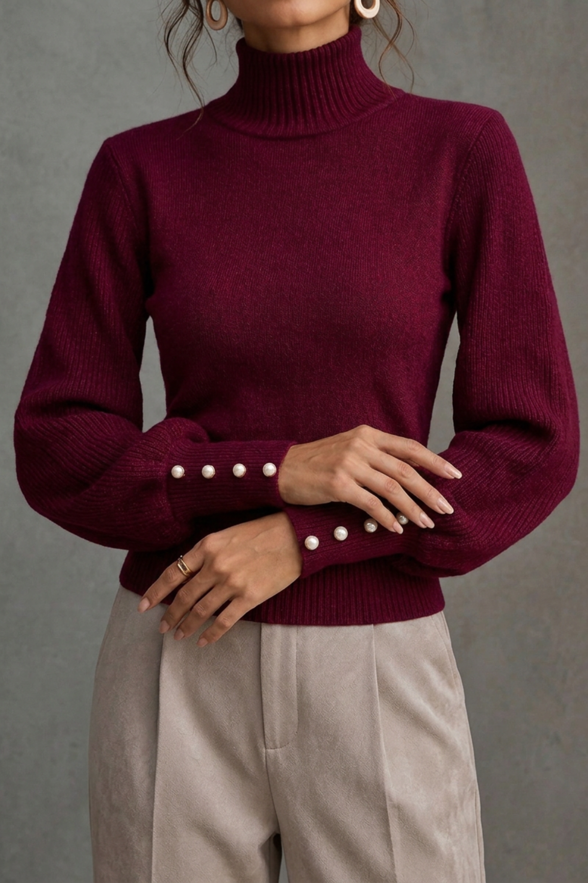 Turtleneck Balloon Sleeve Pearl Button Sweater