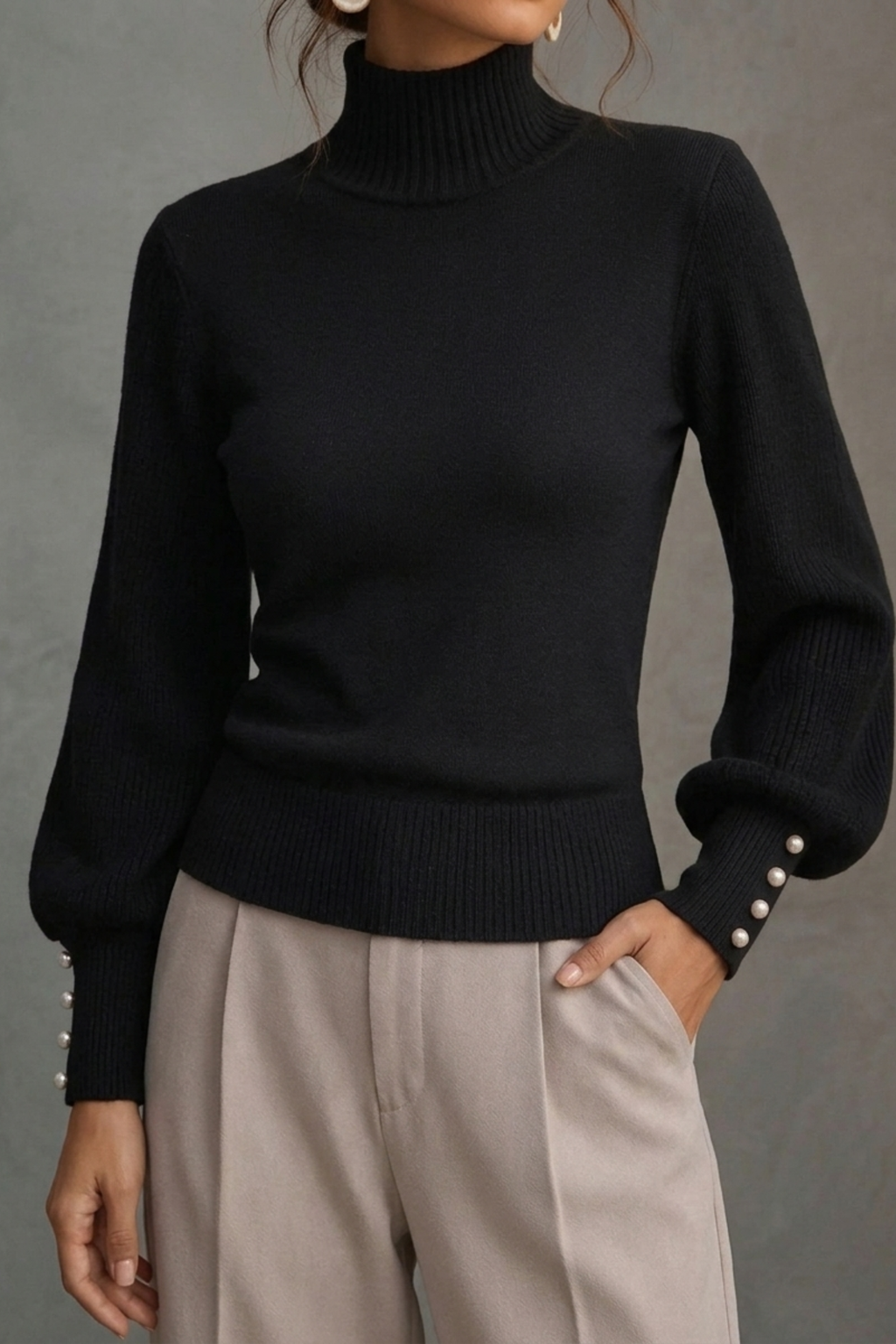 Turtleneck Balloon Sleeve Pearl Button Sweater