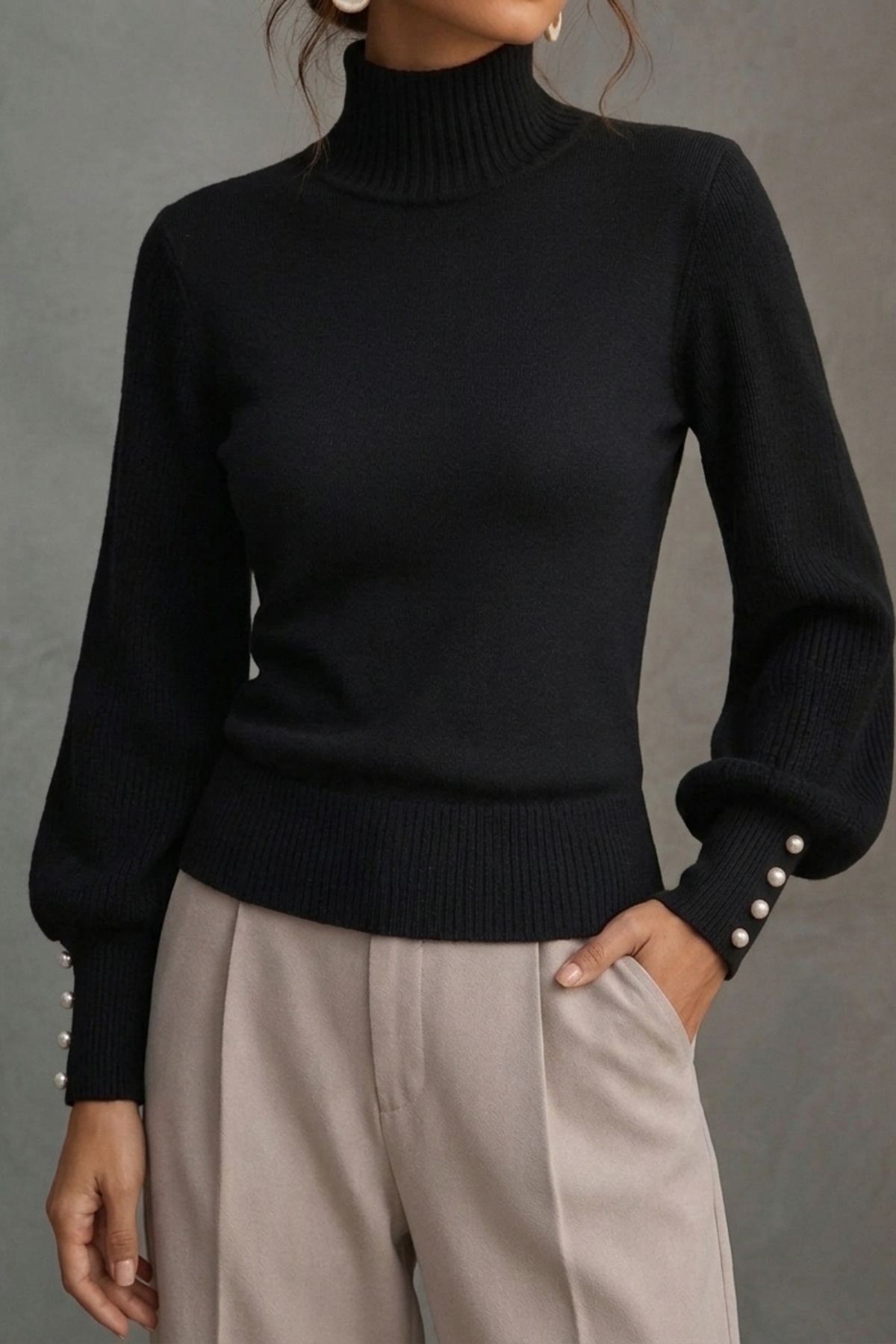 Turtleneck Balloon Sleeve Pearl Button Sweater