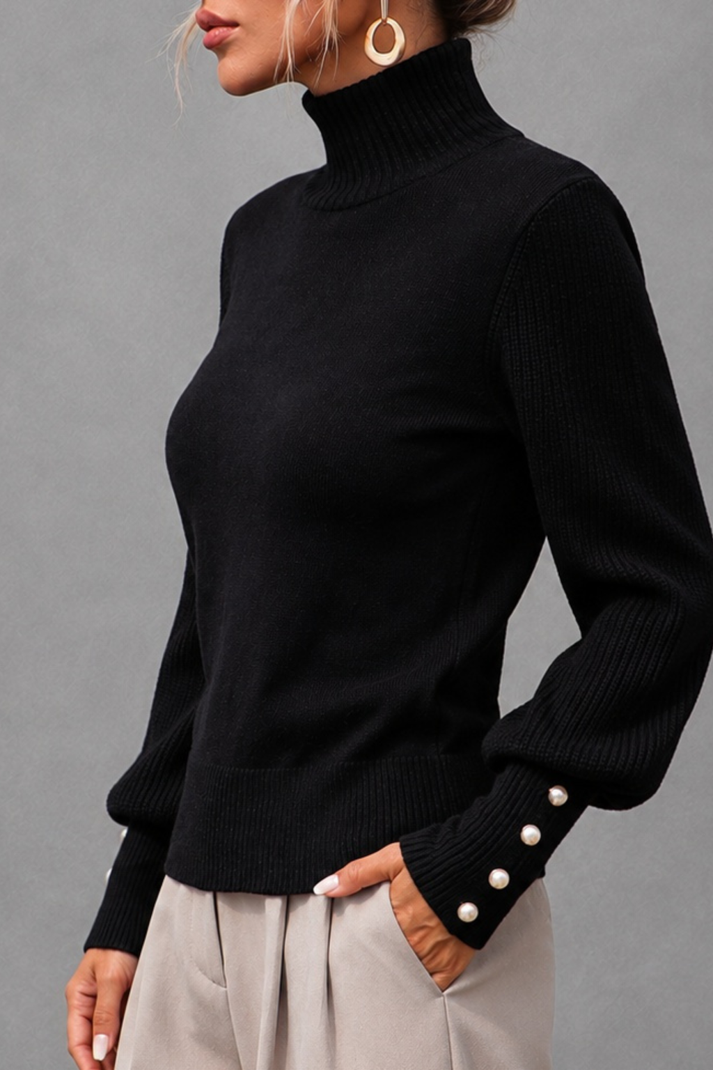 Turtleneck Balloon Sleeve Pearl Button Sweater