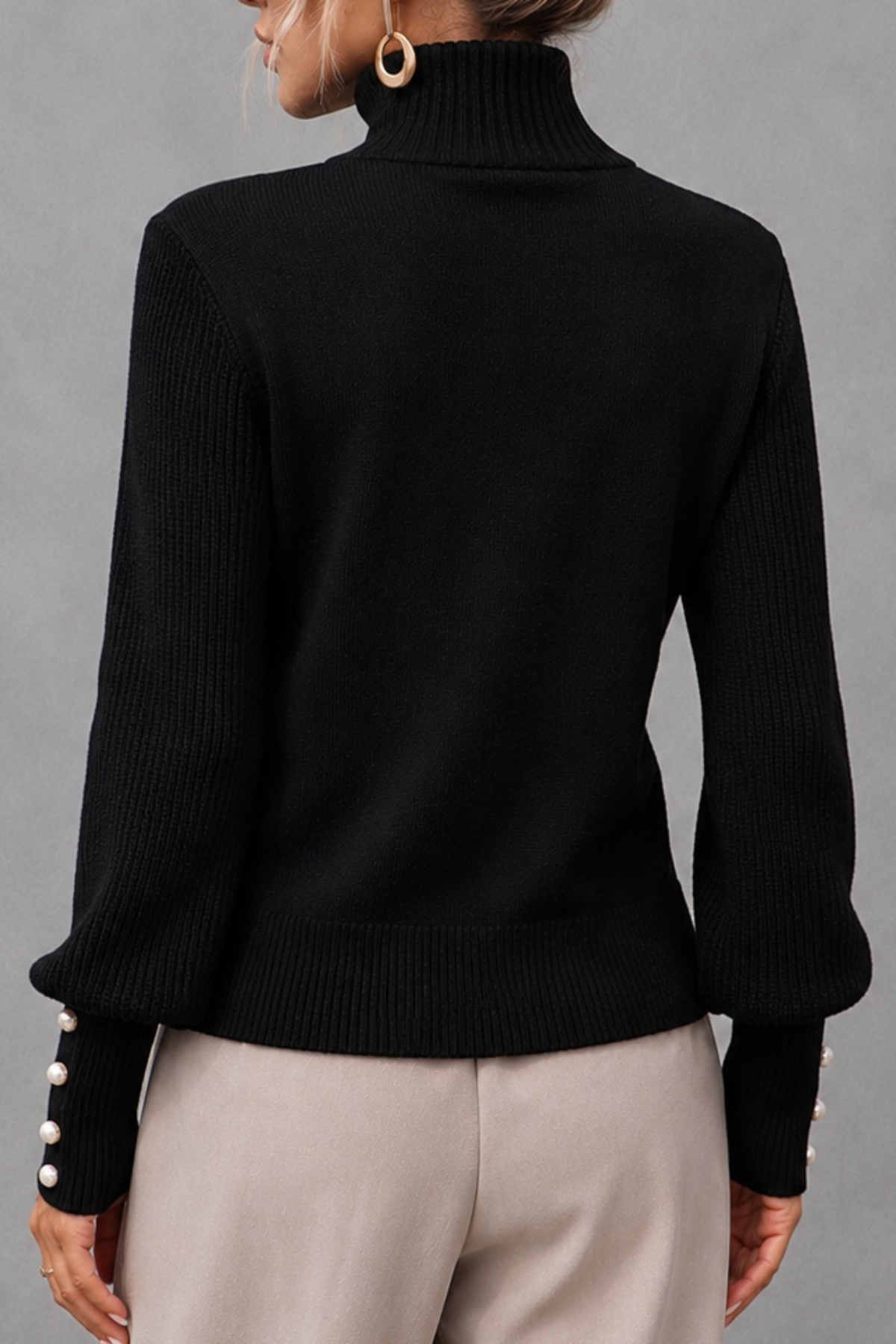 Turtleneck Balloon Sleeve Pearl Button Sweater