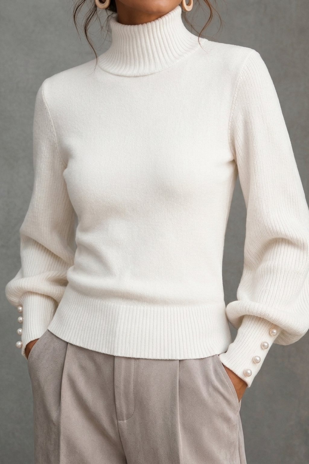 Turtleneck Balloon Sleeve Pearl Button Sweater