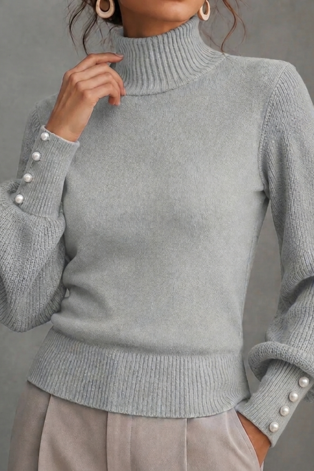 Turtleneck Balloon Sleeve Pearl Button Sweater