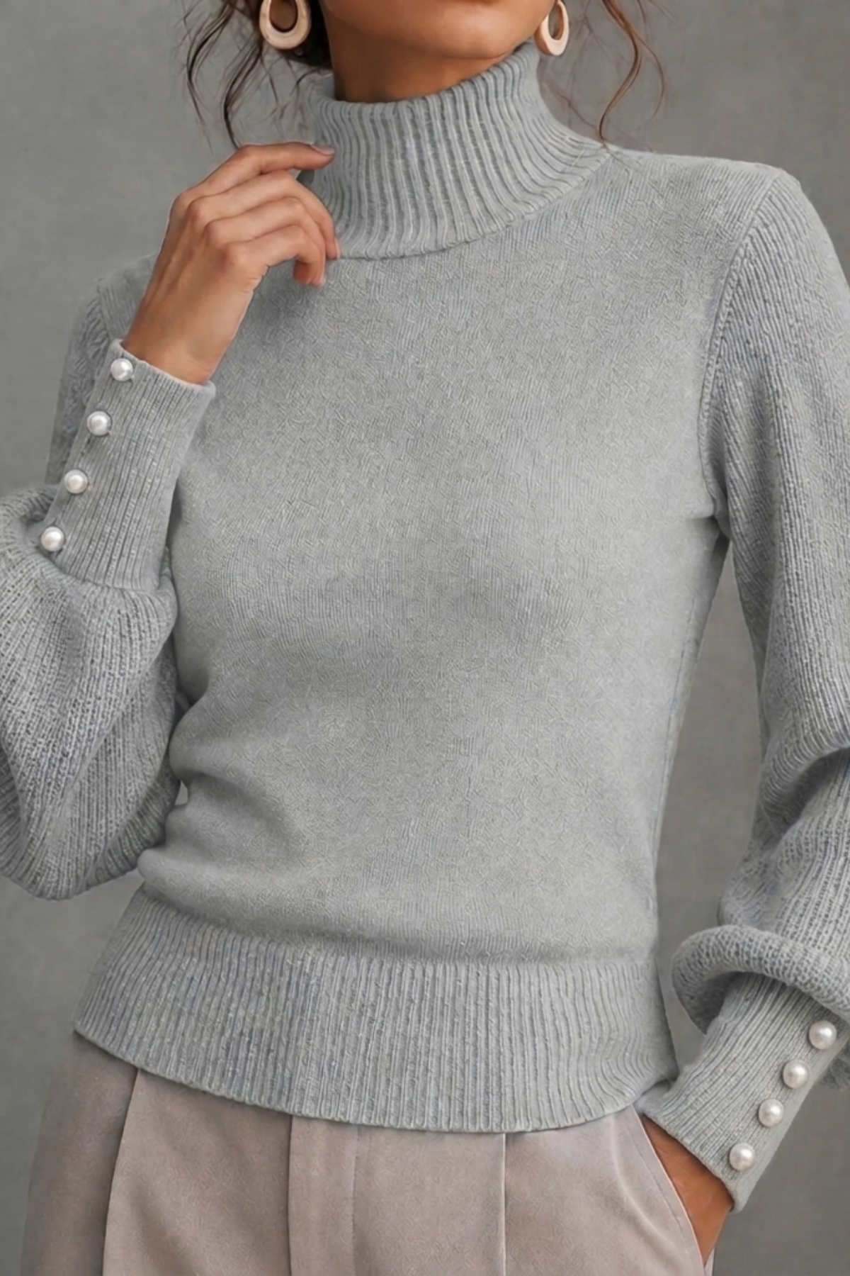Turtleneck Balloon Sleeve Pearl Button Sweater