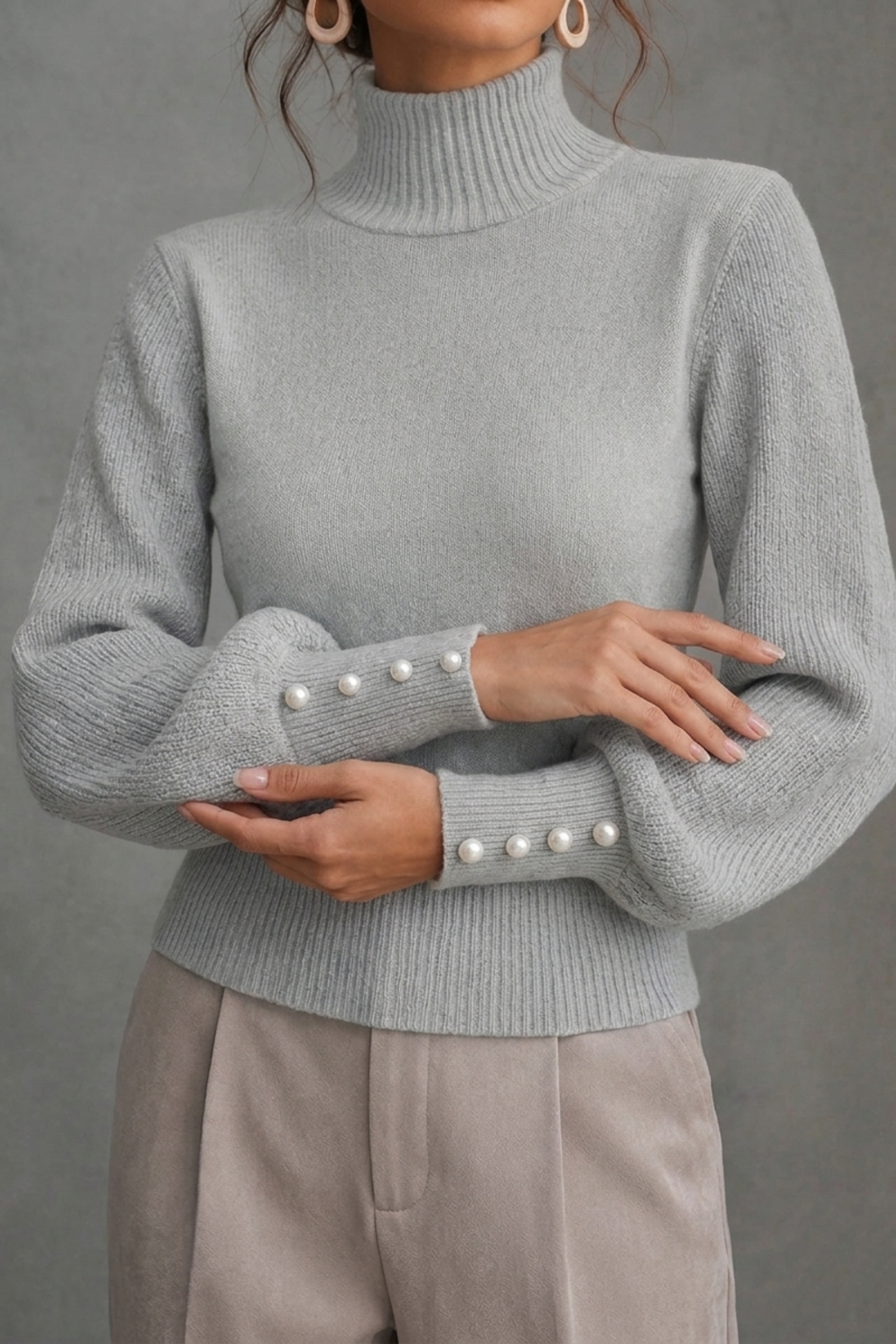 Turtleneck Balloon Sleeve Pearl Button Sweater