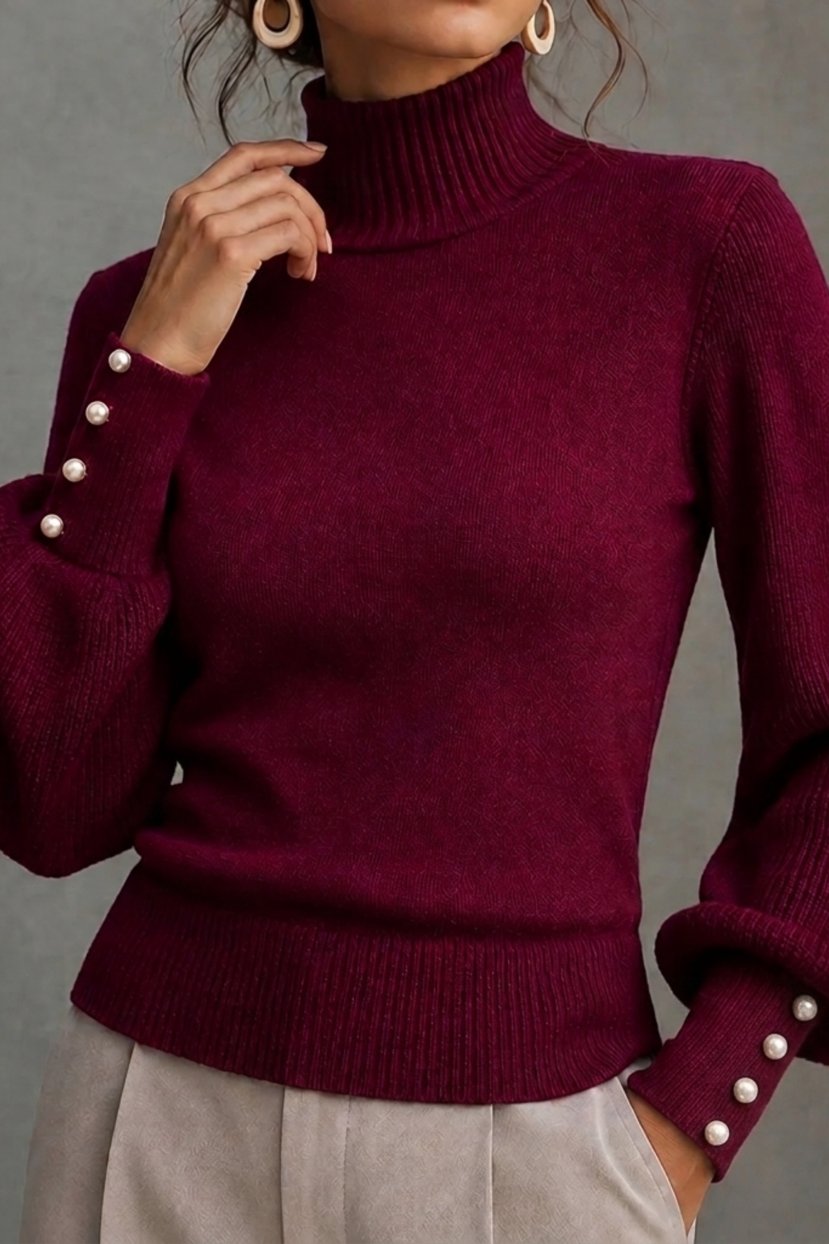 Turtleneck Balloon Sleeve Pearl Button Sweater