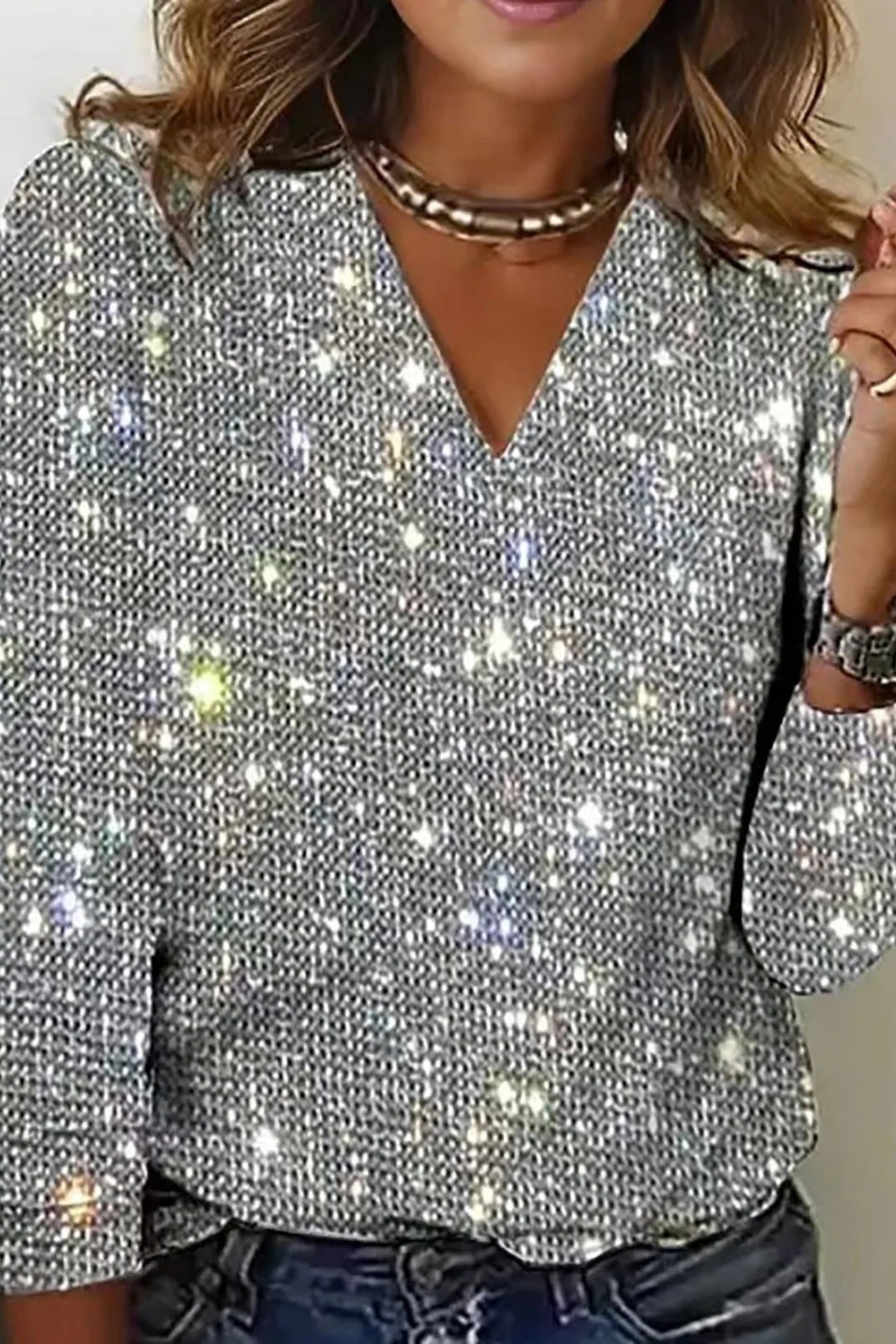 V-Neck Glitter Sequin Long Sleeve Top
