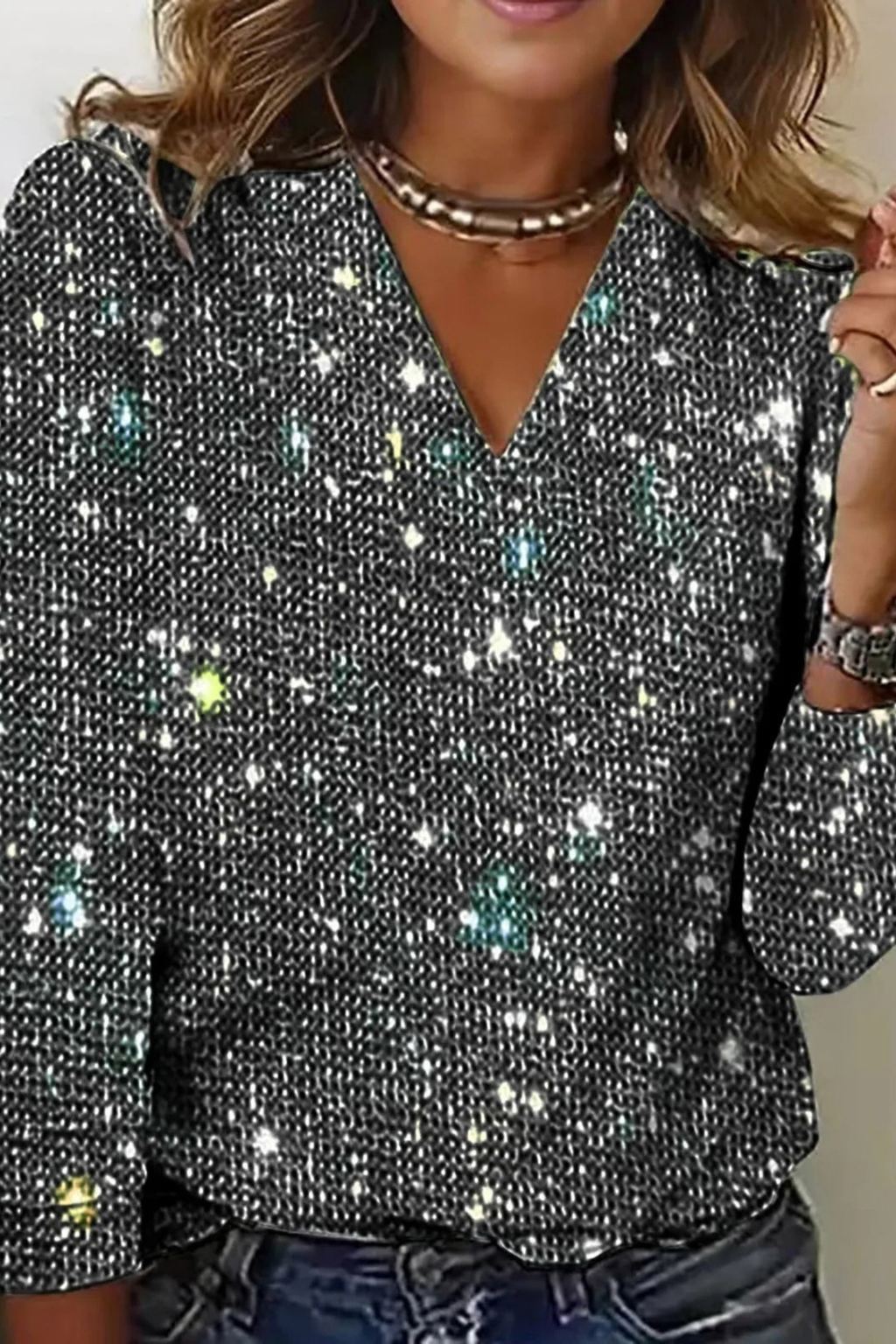 V-Neck Glitter Sequin Long Sleeve Top