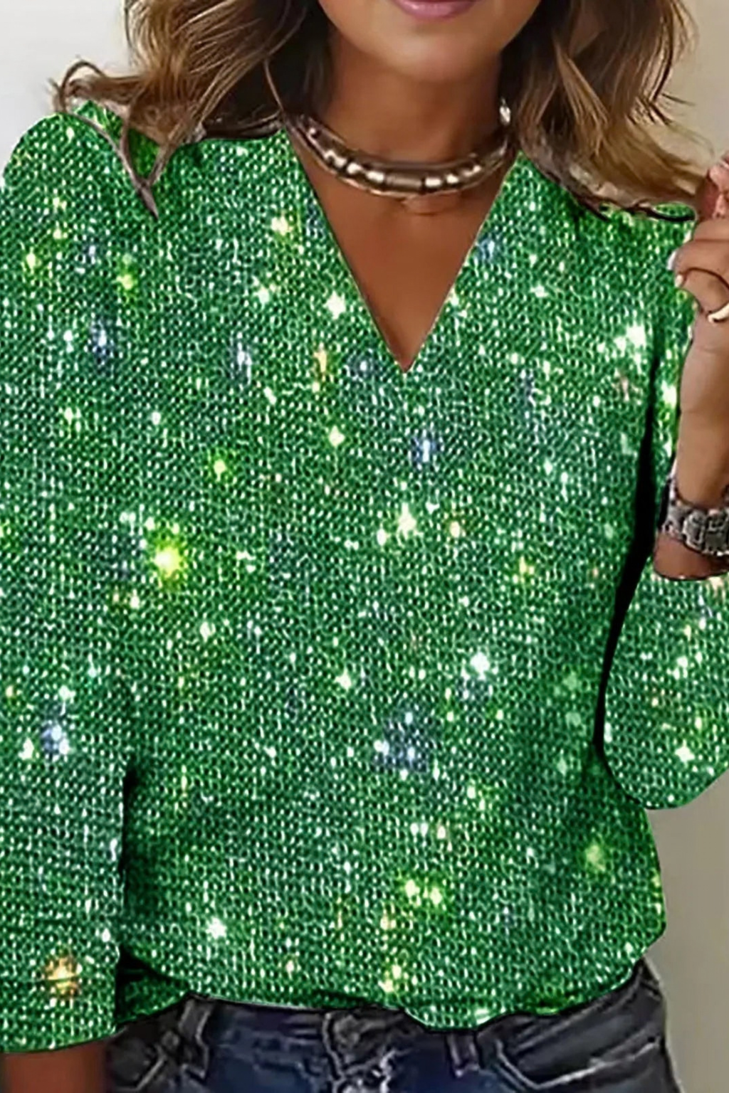 V-Neck Glitter Sequin Long Sleeve Top