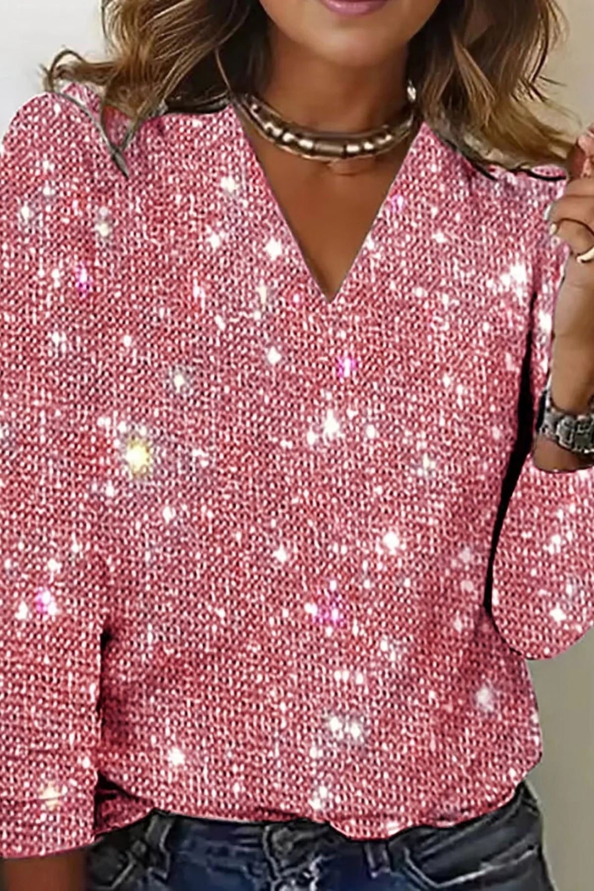 V-Neck Glitter Sequin Long Sleeve Top