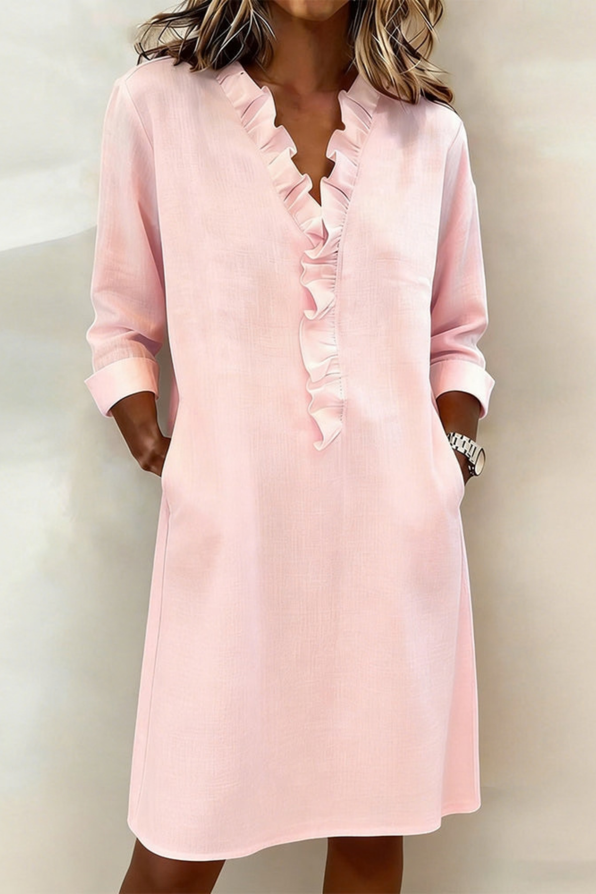 V-Neck Ruffle Knee Length Dress