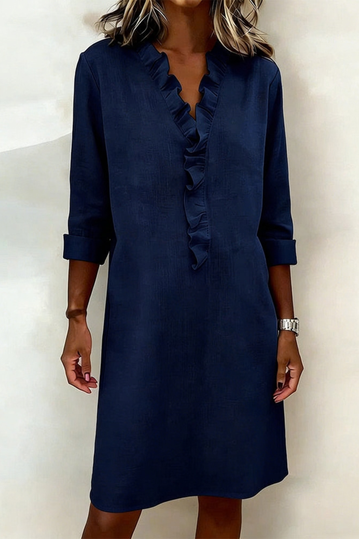 V-Neck Ruffle Knee Length Dress