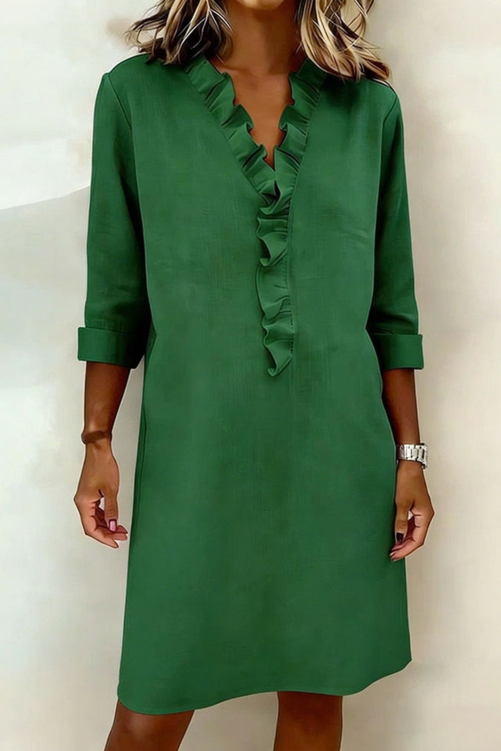 V-Neck Ruffle Knee Length Dress