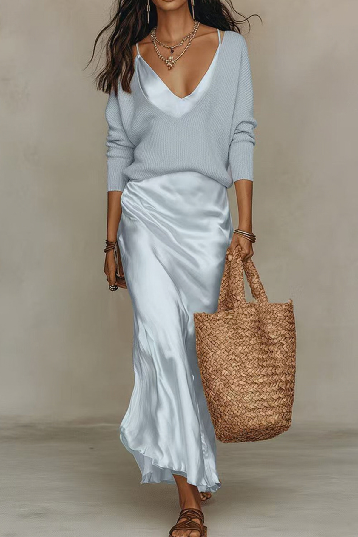 V-Neck Sweater Maxi Cami Set