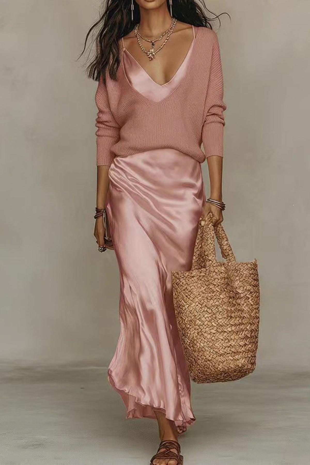 V-Neck Sweater Maxi Cami Set