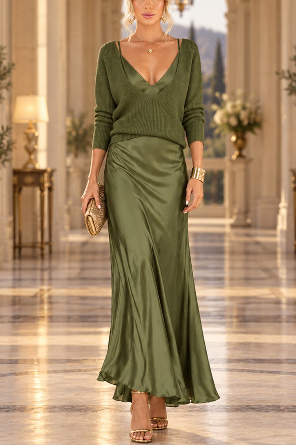 V-Neck Sweater Maxi Cami Set
