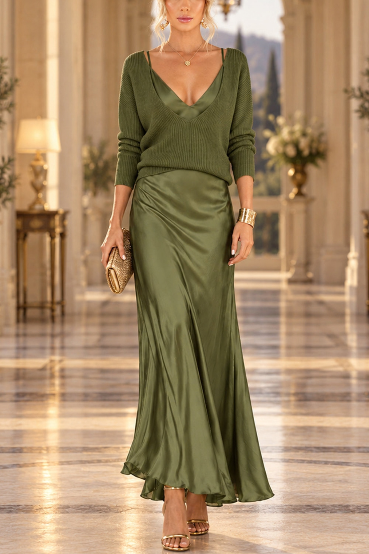 V-Neck Sweater Maxi Cami Set