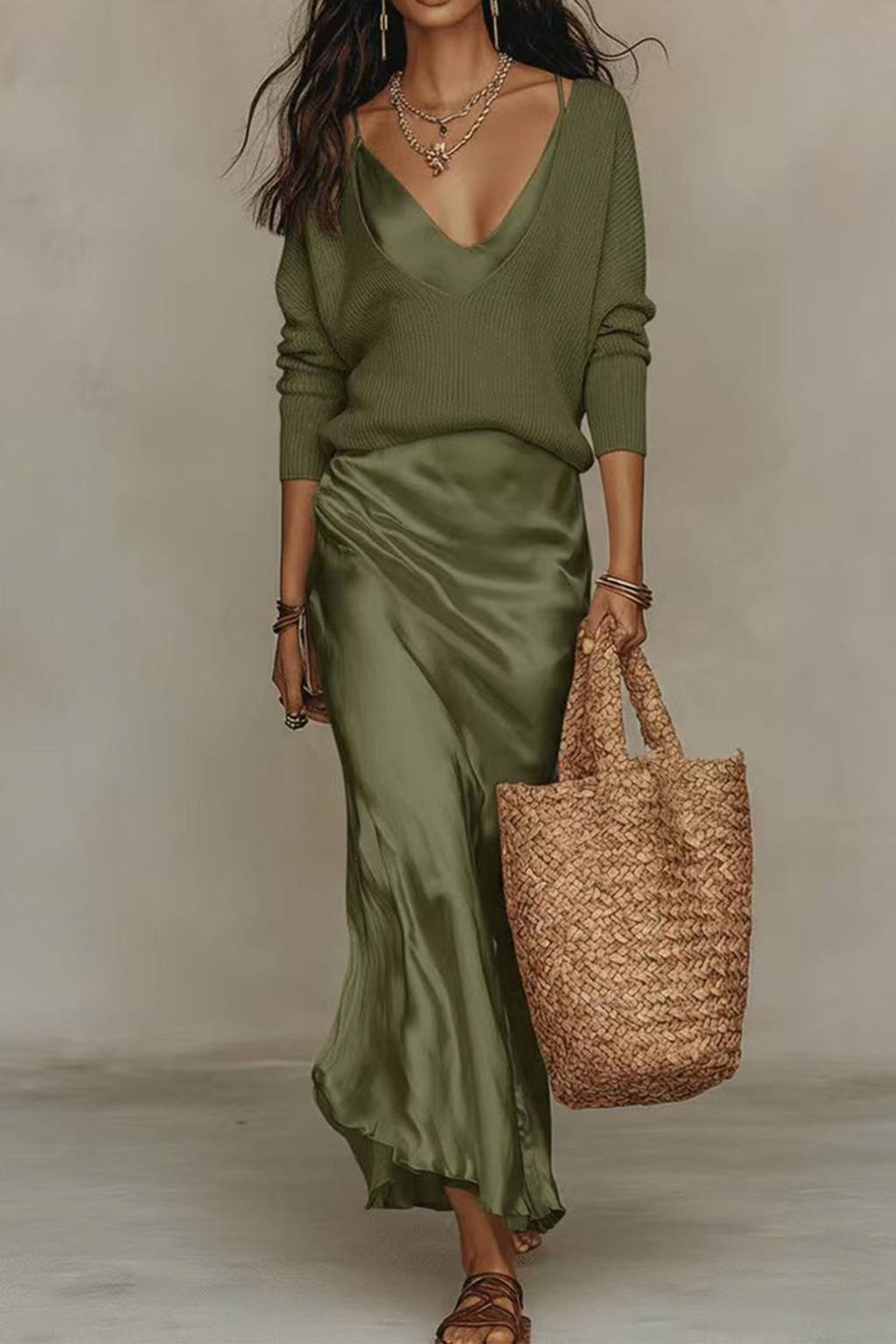 V-Neck Sweater Maxi Cami Set