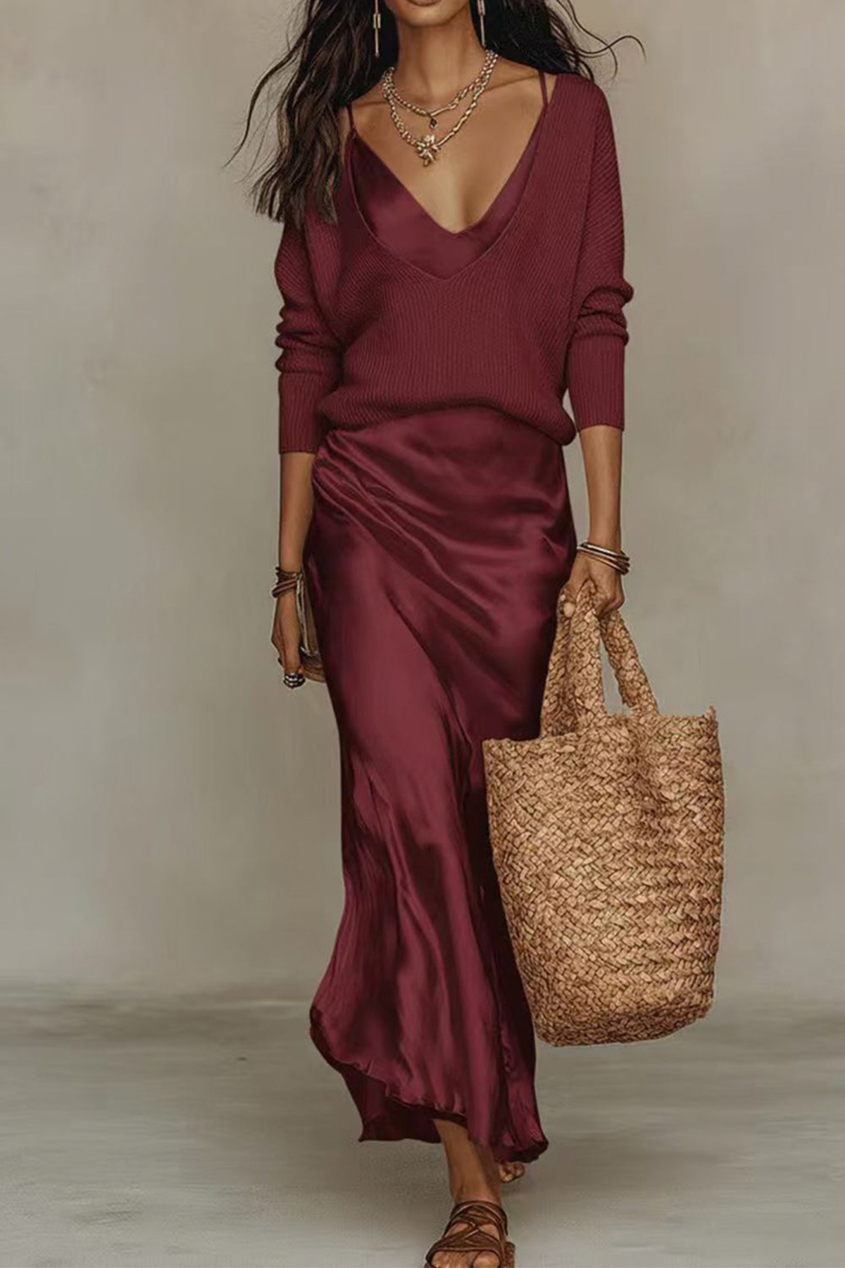 V-Neck Sweater Maxi Cami Set