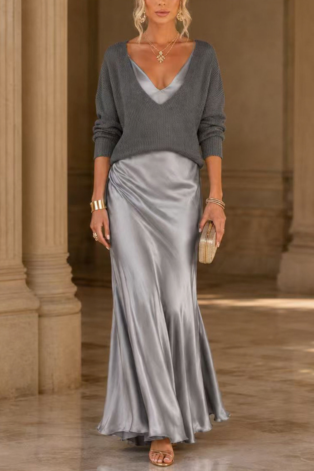 V-Neck Sweater Maxi Cami Set