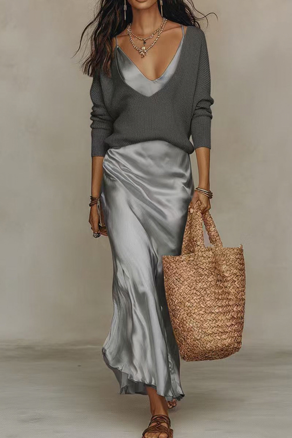 V-Neck Sweater Maxi Cami Set