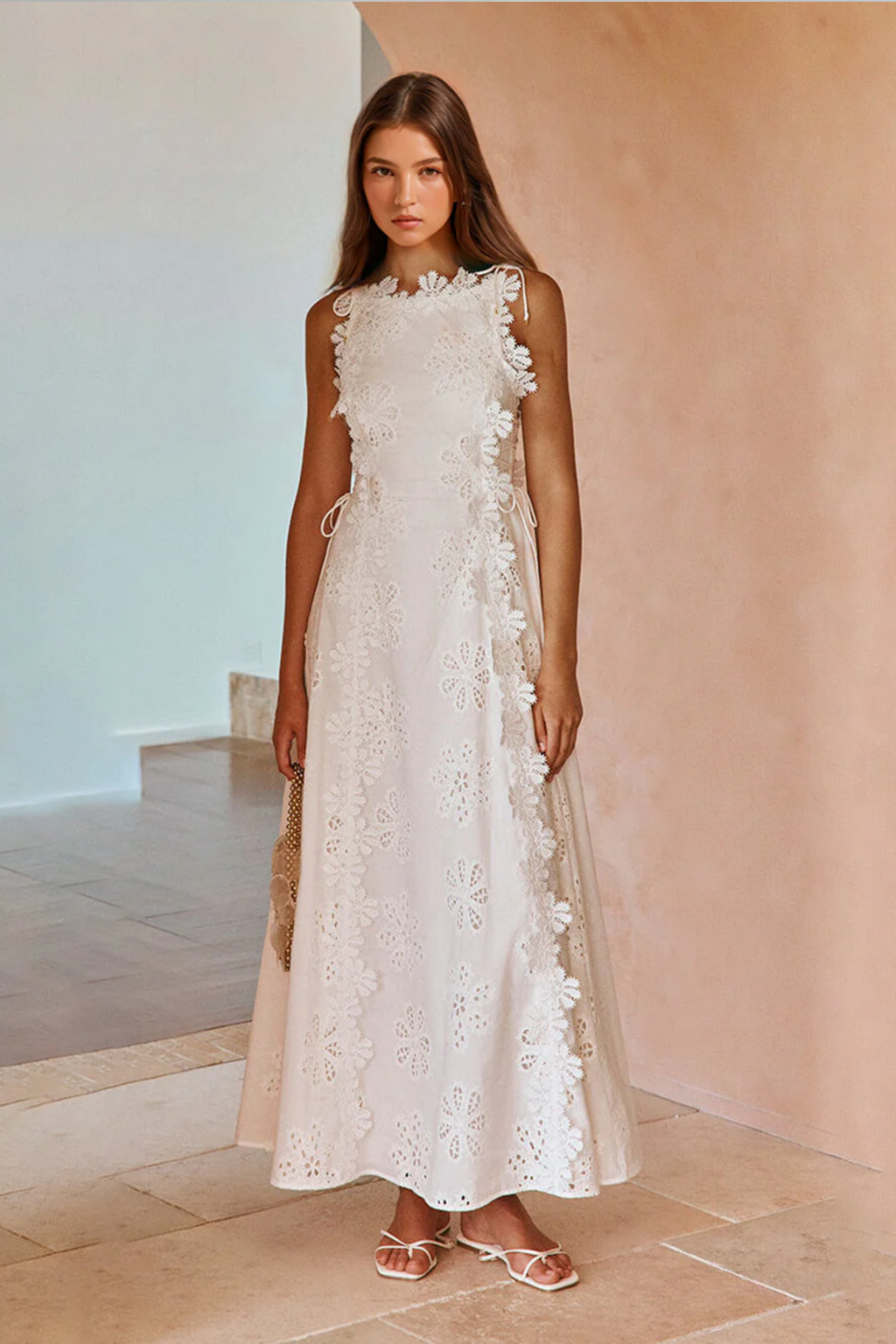 Delicate Lace Hook & Lace-Up Sides Maxi Dress