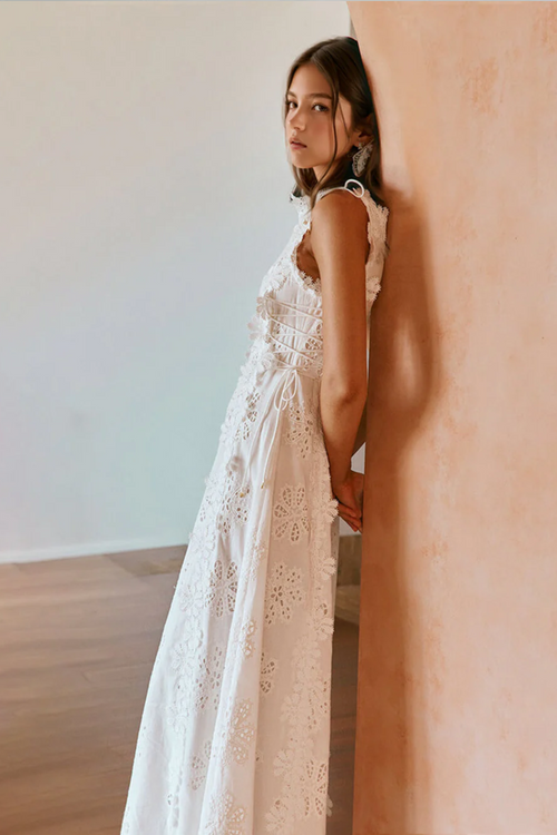 Delicate Lace Hook & Lace-Up Sides Maxi Dress