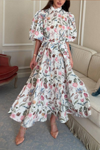 Stand-Collar Puff-Sleeve Printed Dress