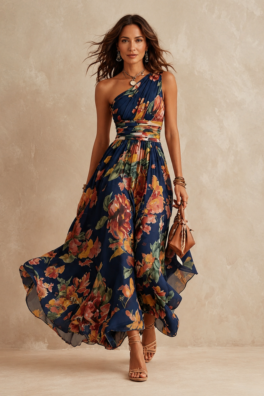 Watercolor Floral One Shoulder Maxi Dress