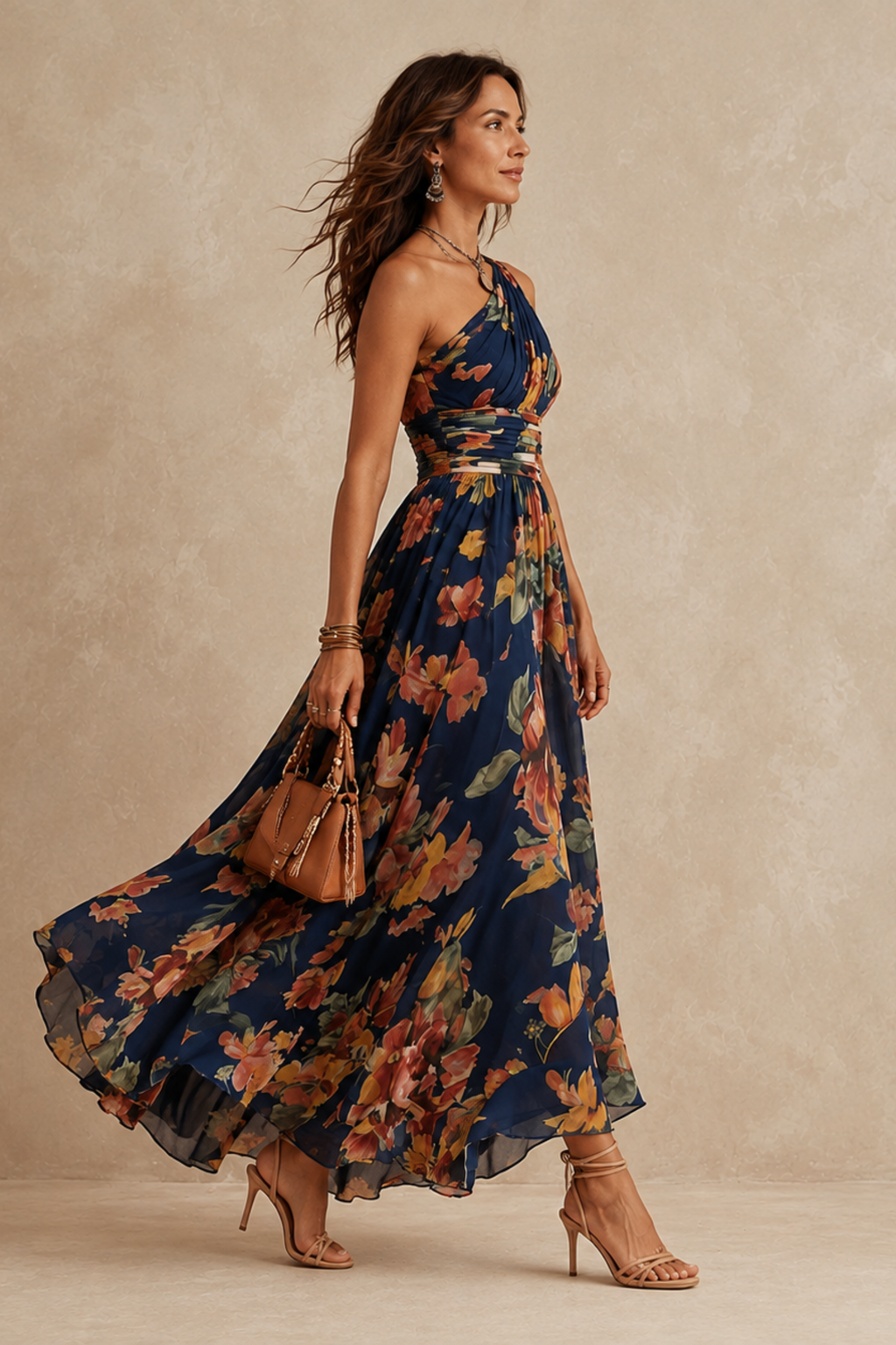 Watercolor Floral One Shoulder Maxi Dress