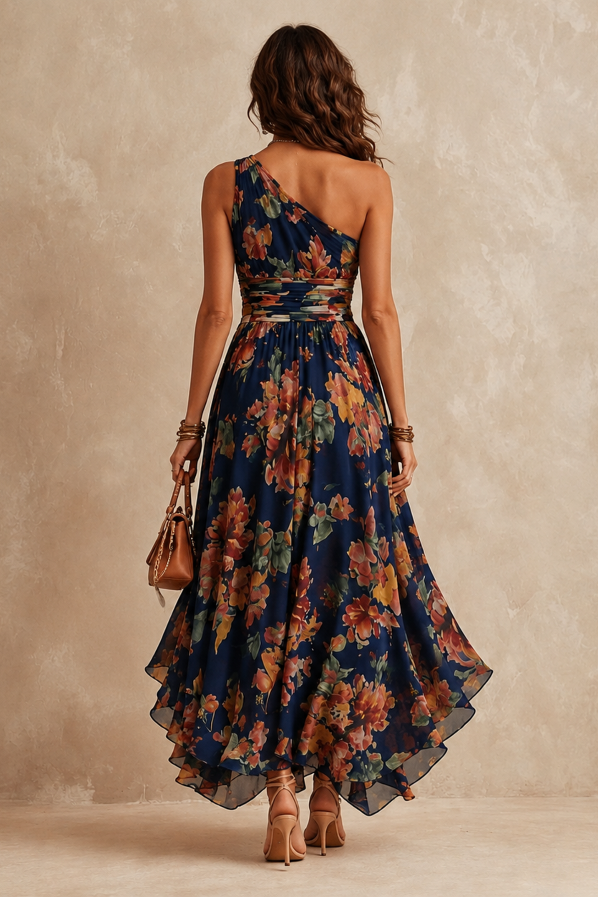 Watercolor Floral One Shoulder Maxi Dress
