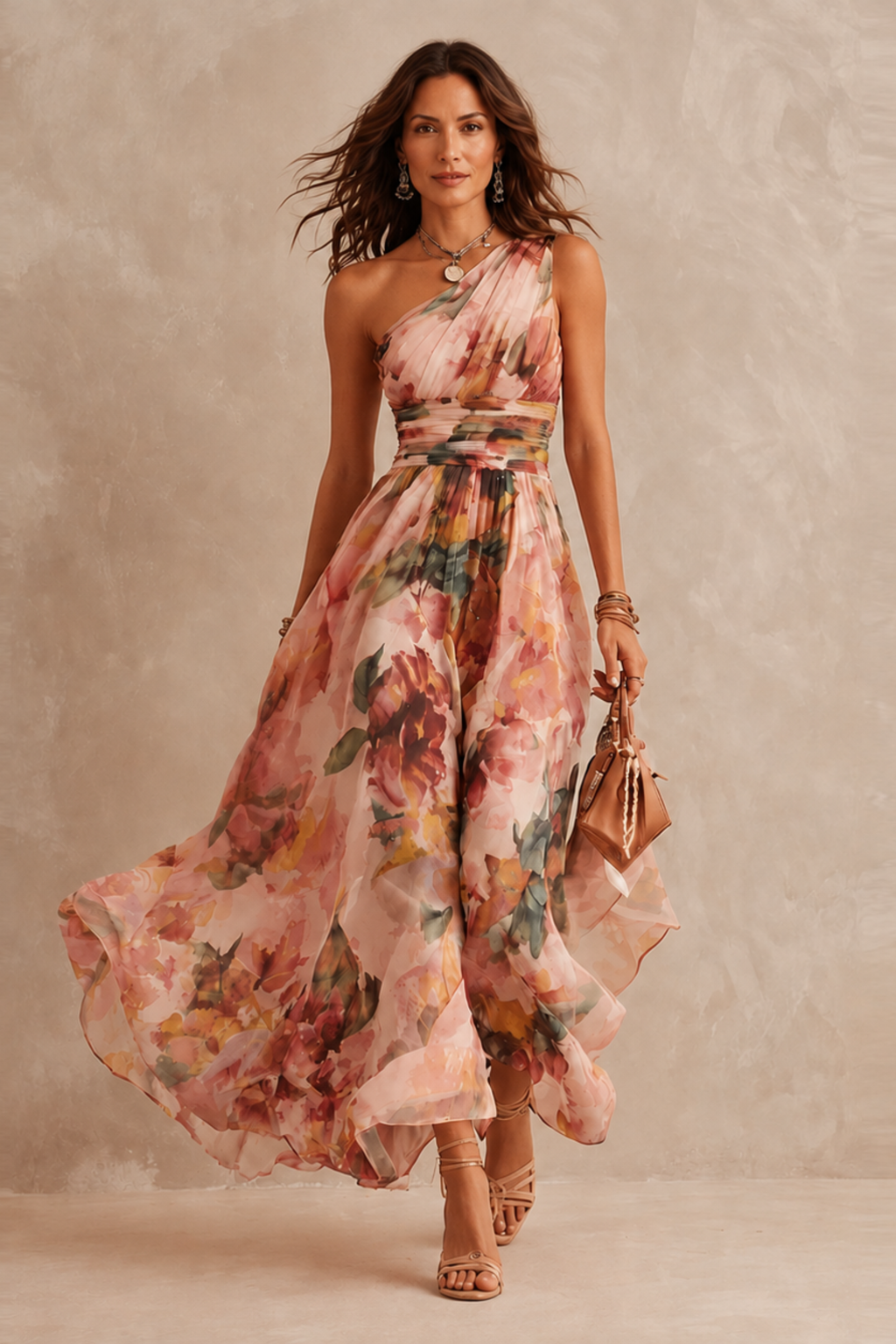 Watercolor Floral One Shoulder Maxi Dress