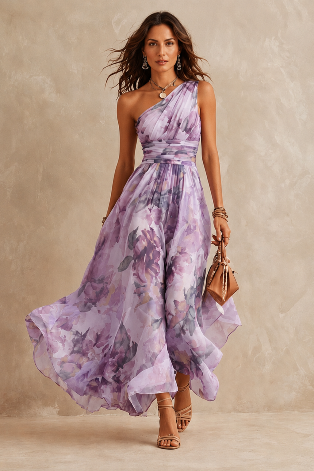 Watercolor Floral One Shoulder Maxi Dress