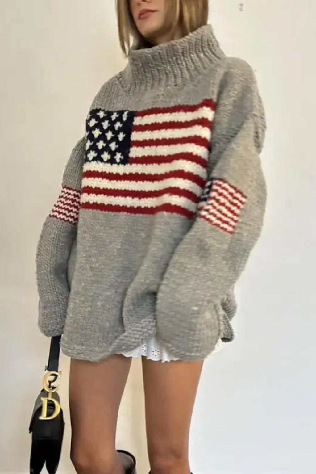 Women's American Flag Oversized Turtleneck Sweater