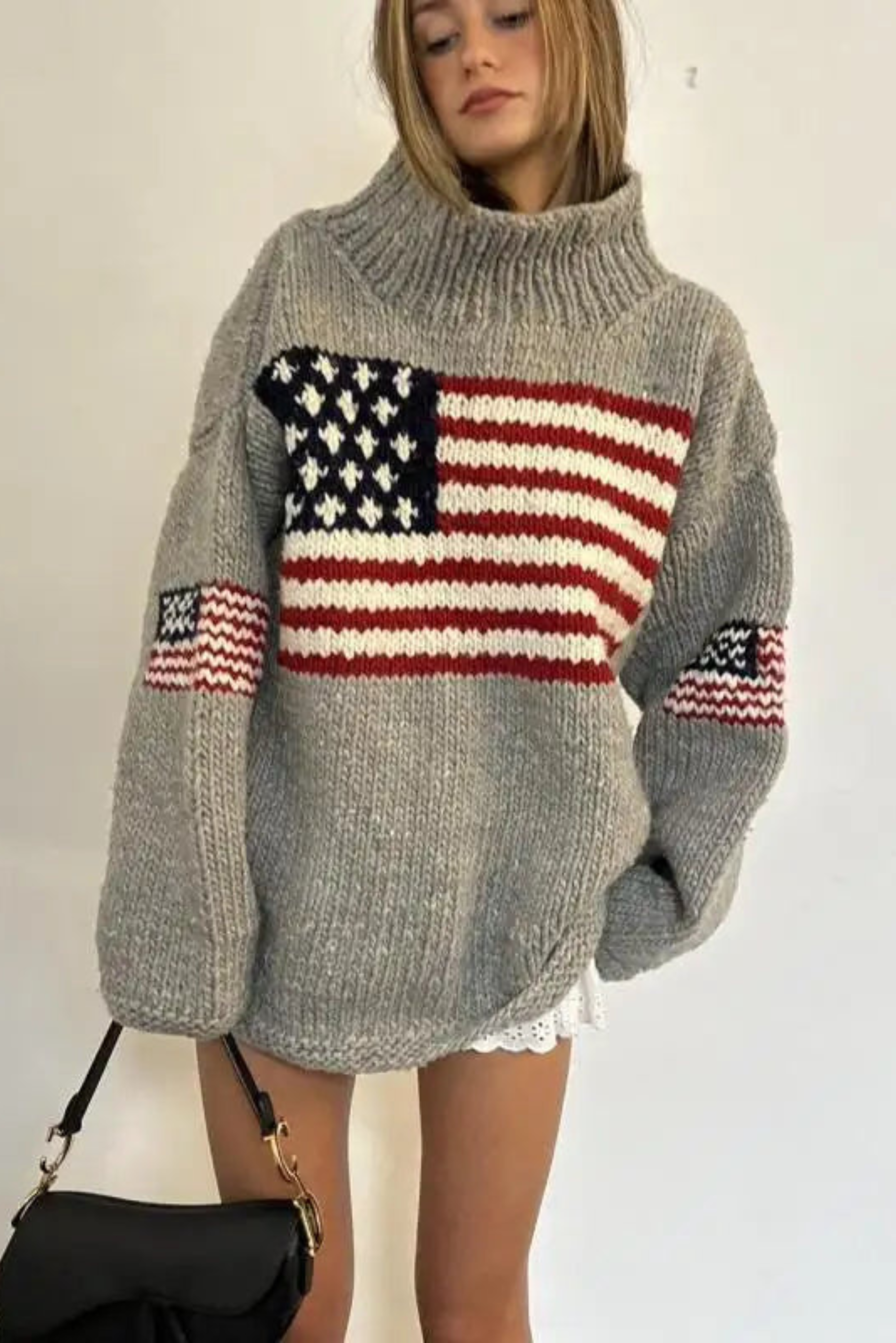 Women's American Flag Oversized Turtleneck Sweater