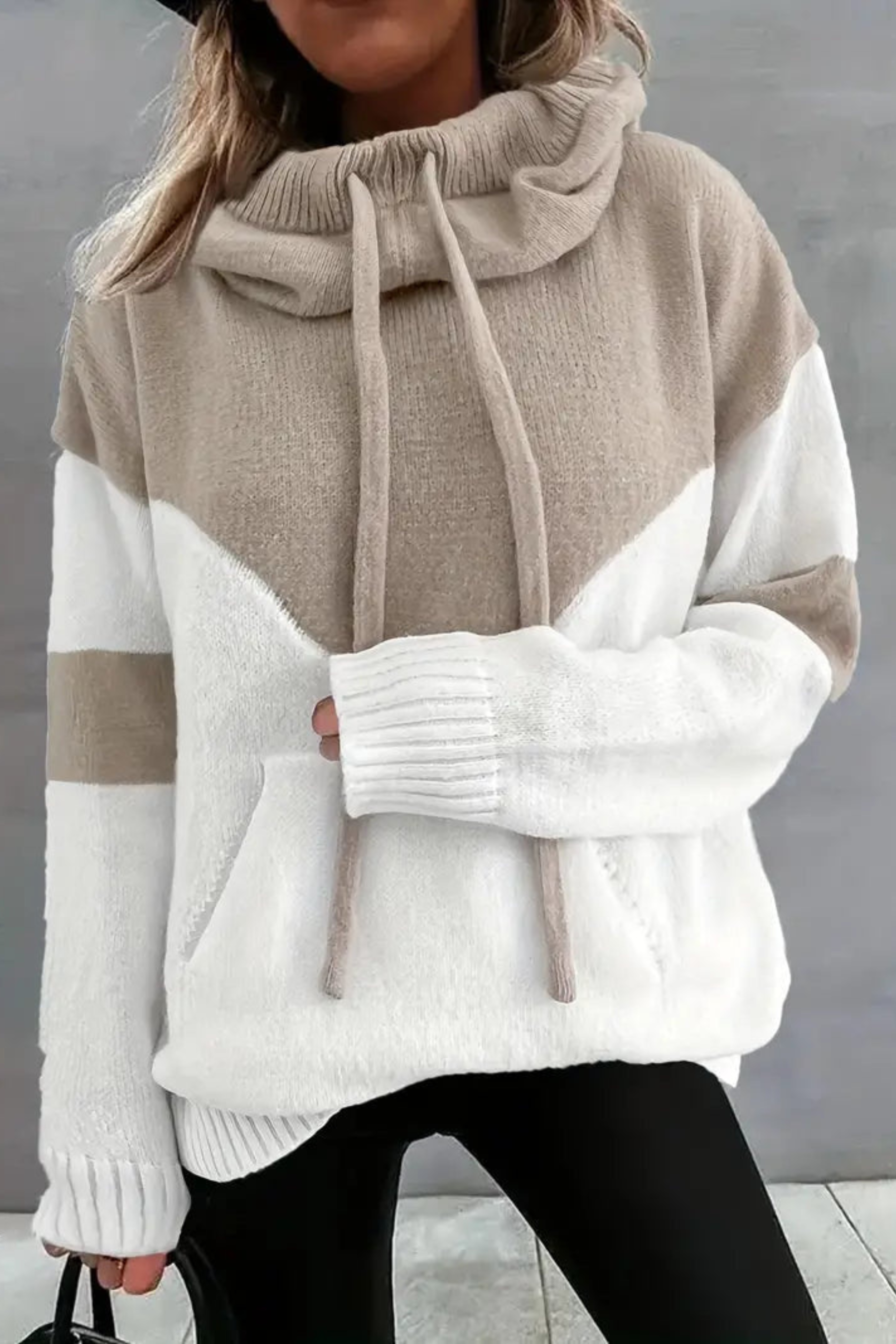 Women's Cowl Neck Colorblock Knit Hoodie