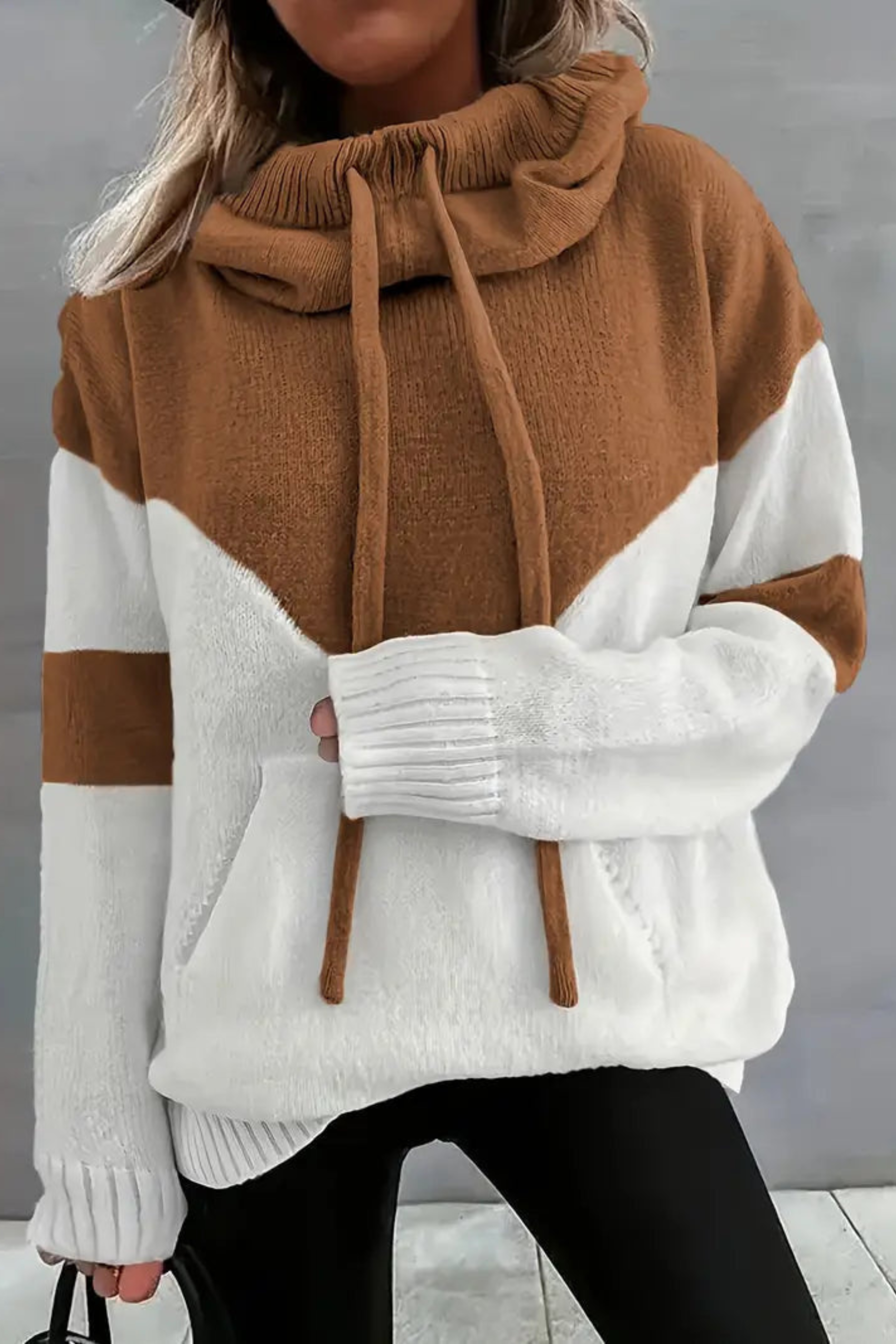 Women's Cowl Neck Colorblock Knit Hoodie