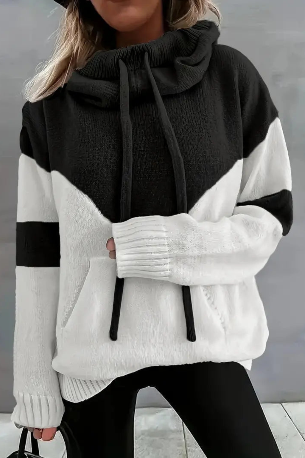 Women's Cowl Neck Colorblock Knit Hoodie